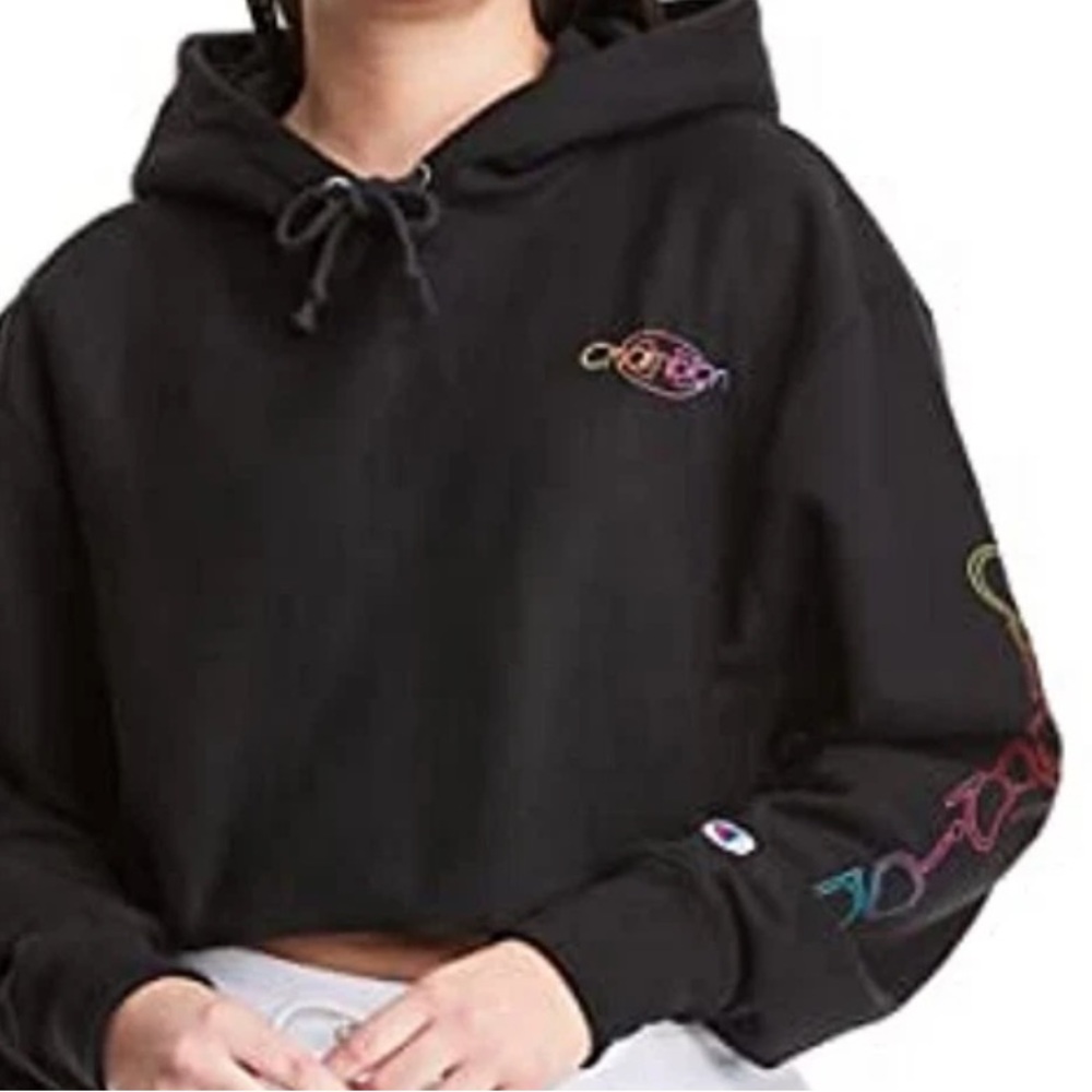 Champion‎ Cropped Black Hoodie with Multicolor Logo. Size Large.